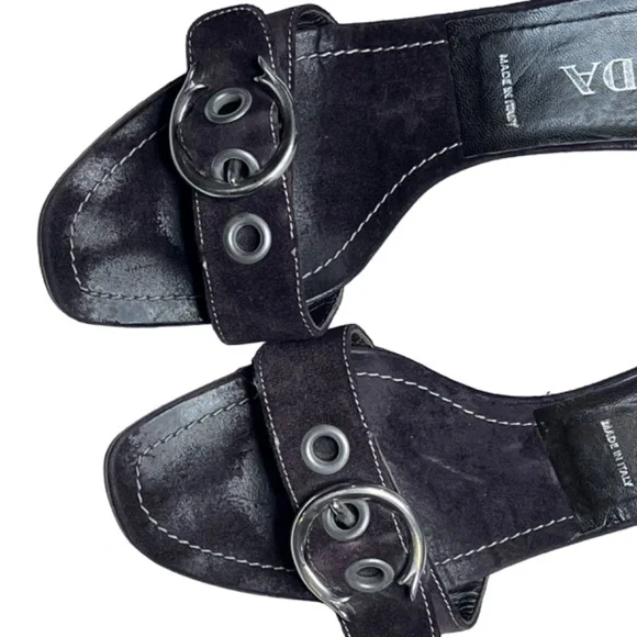 Prada Low Block Heel Buckle Strap Slide On Suede Leather Sandal - Picture 7 of 15